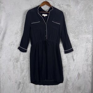 LOFT Dress Shirt‎ Dress Drawstring Waist 3/4 Sleeve Black Size Medium Flowy Chic